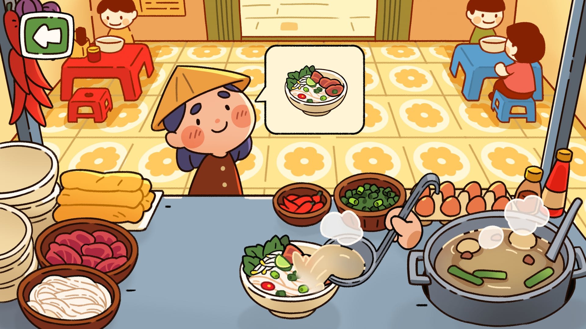 Kids cooking Pho in Vietnamese learning game