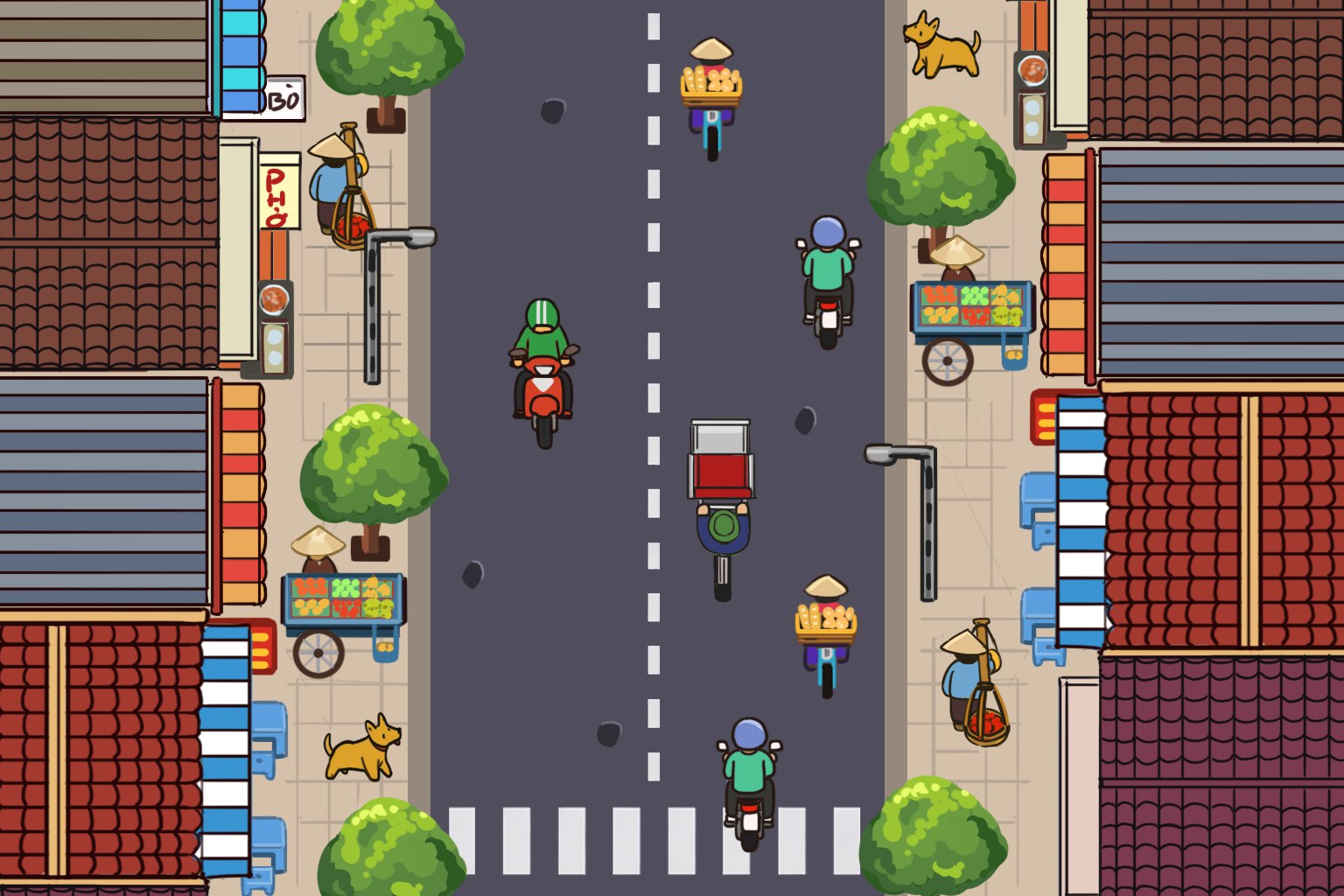 Vietnamese street scene with motorbikes and vendors